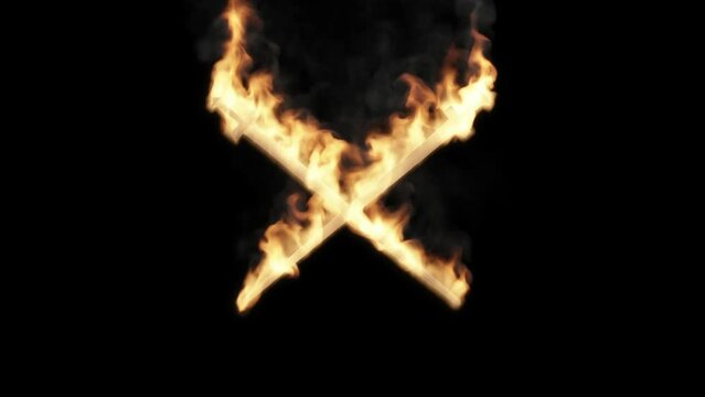 A strong flame envelops two red-hot crossed swords on a white background. Fire swords.