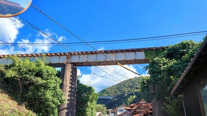 青空と鉄橋と電線がある田舎の風景