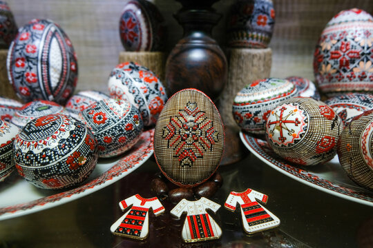 Eggs decorated in a local rustic christian way with traditional lines and shapes.