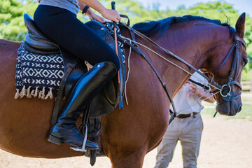 Obraz premium close up of English boots or riding boots, being worn by a woman on top of a horse