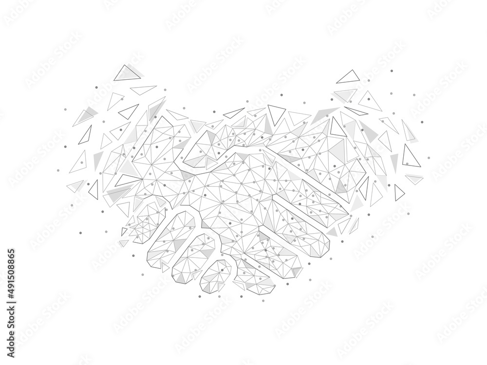 Poster handshake with polygonal gray shapes. contract symbol with triangular elements. abstract business ag