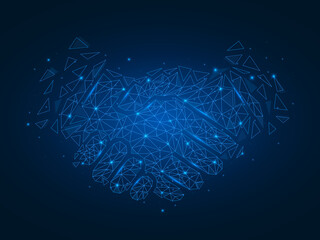 Handshake with polygonal blue glowing shapes. Abstract business agreement concept with lighting dots and triangular line elements. Futuristic vector illustration on dark blue background.