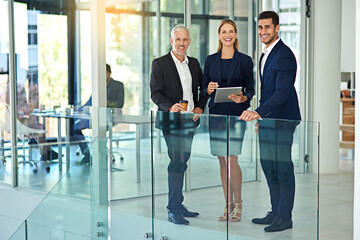 Success is all in a days work for them. Portrait of three colleagues standing together in a modern office.