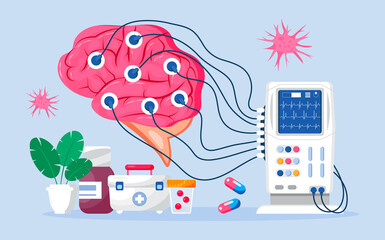 Neurologist concept vector for medicine blog, medical blog. Brain with EKG, encephalogram machine