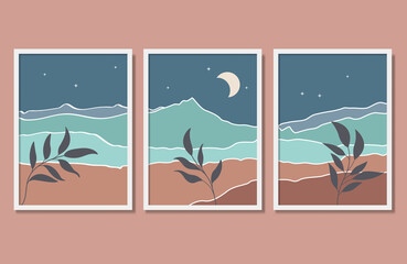 Landscape Poster Wall Art Set Abstract Boho Mountain moonlight Interior Artwork. © Jayd