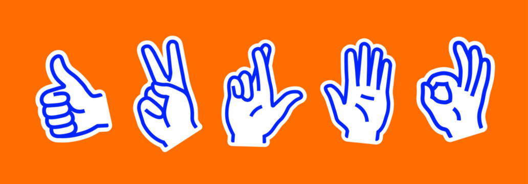 Hand signs and gestures set of patches. Vector stickers of crossed fingers, stop, hello, super, like, ok, victory. Each patch is isolated. Can be used for web design, illustrations, social media