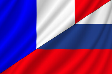 France flag. Russia flag. Conflict between Russia and France war concept. Russian flag and France flag background. Flag with ripples. Horizontal design. Illustration. Map.
