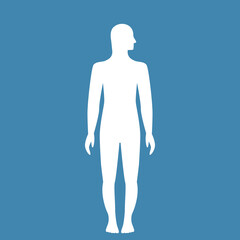 white silhouette of a man. human icon on blue background.