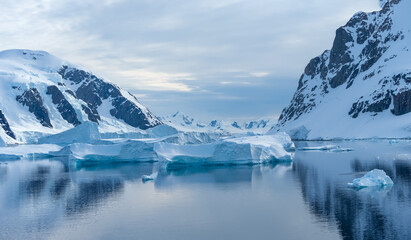 Crusing the Lemaire Channel among drifting icebergs, Antarctic Peninsula. Antarctica © Luis