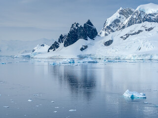 Crusing the Lemaire Channel among drifting icebergs, Antarctic Peninsula. Antarctica