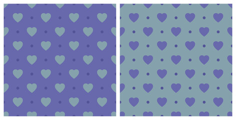 Seamless background pattern heart shape and polka dots. Color trendy 2022 very peri. Design texture elements for fabric, tile, banner, card, cover, poster, backdrop, wall. Vector illustration.