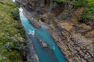 Beautiful aerial view of the studlagil canyon, and the largest number of basalt rock columns in Iceland