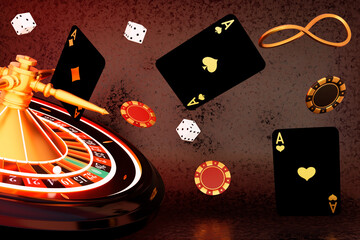 3d render roulette wheel, aces play cards, chips and playing dices on abstract background. Gambling concept design. 3d rendering illustration.