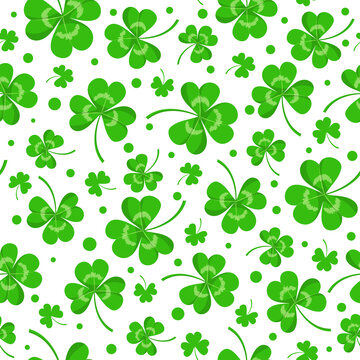 Seamless pattern with clover leaves for Saint Patrick day. Texture with shamrock leaves on white background. Vector ornament for traditional Irish holiday with flat green trefoils