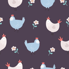 Seamless pattern with cute chickens, roosters for Easter holidays