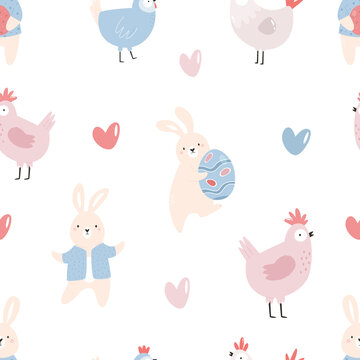 Seamless pattern with cute rabbits, chickens and Easter eggs
