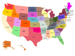 Color map of the United States with names