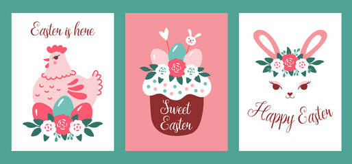 Fototapeta na wymiar Easter card template with Easter bunny, chicken and cake. Vector cute animals