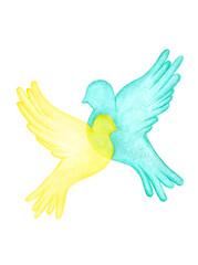 Hand-drawn watercolor illustration of two doves. Yellow and blue birds. Ukrainian flag.
