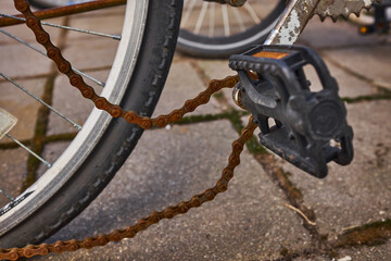 Blue bike has been outside all winter and got broken. Rusty bicycle chain hangs on sprocket and...