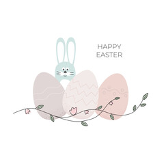 Blue bunny hids behind easter eggs, flower branch. Simple cartoon style vector illustration.