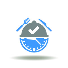 Vector illustration of tray with check mark, fork, knife and clock. Icon of eat, meal time. Symbol of cafe, restaurant food standards control.
