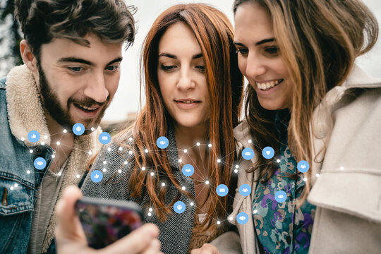 Social network and connection concept with young people using smartphone - digital composition with icons and connectivity lines to draw a mesh network