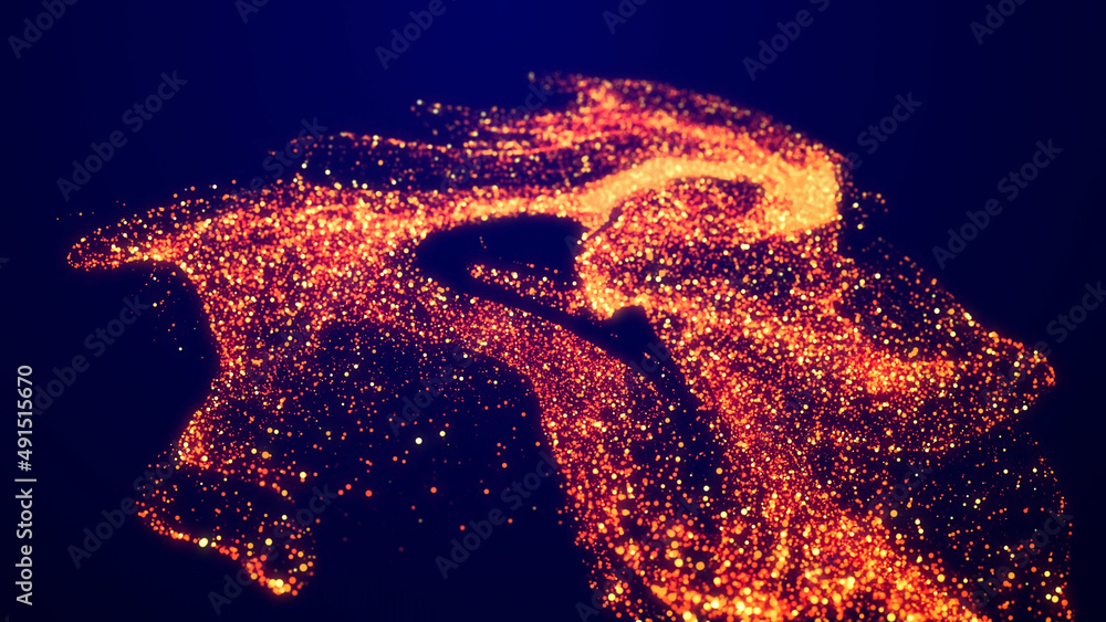 Poster abstract bg, golden magic glitters fly in air form beautiful swirls. fiery sparkles float in viscous