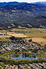 Residential Area Surrounding a Pond with Mountains in the Background in Sonoma County, California, USA
