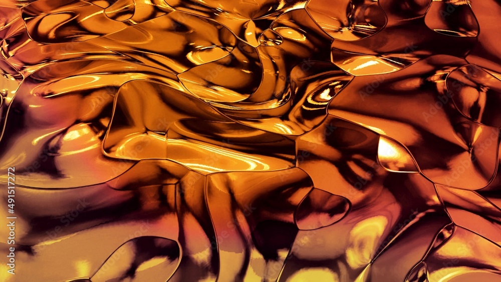 Poster abstract background with wavy sparkling golden liquid pattern on shiny glossy surface. viscous yello