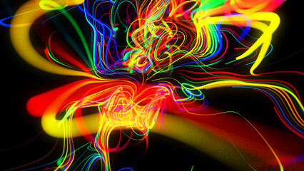 3d render. Abstract background flow of glow lines. Llights particles form in 3d space glowing beautiful curved lines like ball of wires burning with neon light. Beautiful creative background.