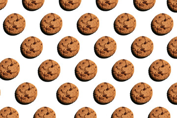 Tasty American style cookies with chocolate pieces isolated on white background and stacked, top view. Beautiful cover or background with cookies