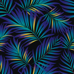 Palm. Seamless pattern with branches and leaves of tropical tree plant for print, web design, textile. Vector image. 