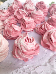 Pink sweet fluffy homemade dessert marshmallows on tray, traditional Russian food. High quality photo