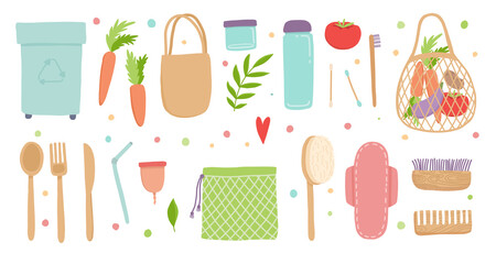 Reusable elements. Bamboo brush, container and shopping bag for fruits and vegetables. Recycling plastic, zero waste and eco bottles and pack, decent vector set.