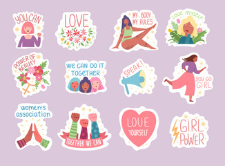 Feminist and body positive vector stickers set. Female movements cartoon badges with inspirational quotes. Women empowerment, self acceptance and gender equality trendy letterings pack
