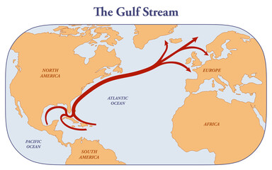 Map of the Gulf stream from the Caribbean to Northern America and Europe - obrazy, fototapety, plakaty