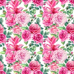 Poster Naadloos bloemenpatroon met rozen, lelies. Roze aquarel bloemen. © Hanna