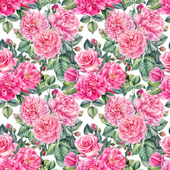 Seamless pattern of roses, peony and leaves on an isolated background. Watercolor flowers