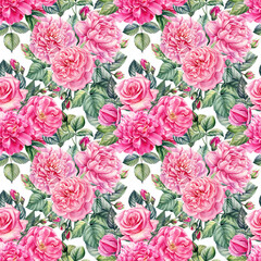 Seamless pattern of roses, peony and leaves on an isolated background. Watercolor flowers