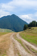 Fototapeta na wymiar View in Mountains. Road to Shenako village from Diklo in Tusheti region
