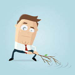 cartoon illustration of a sinister businessman covering his tracks