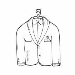 Wedding tuxedo doodle icon. Jacket with bow tie. Mens formal wear. Menswear. Men's suit on mannequin. Atelier. Isolated vector