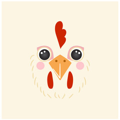 Cute hen portrait square smile head cartoon round shape animal face, isolated farm bird avatar mascot vector icon illustration. Flat simple hand drawn for kids poster, cards, t-shirts, baby clothes