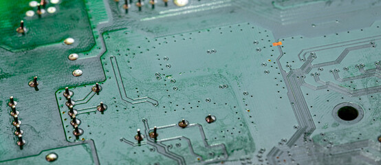 Macro Close up of printed wiring on PC circuit board.