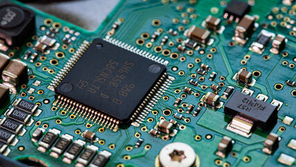 Macro Close up of components and microchips on PC circuit board