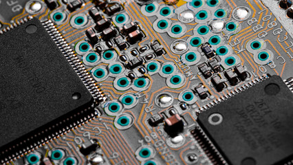 Macro Close up of printed wiring on PC circuit board.