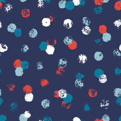 Vector Colorful Polka Dots Seamless Pattern. Grunge Paint Circle Shapes Textures Abstract Blue Background. Multicolor Round spots with rough edges. Stamp Ink blots. Hand painted stains.