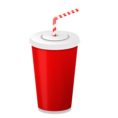 Realistic paper disposable beverage cup for soda with drinking straw