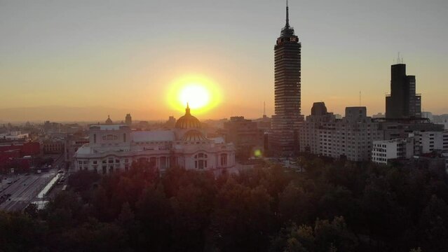 Aerial drone shot of sunrise in Mexico City, the capital of Mexico. Ciudad de Mexico skyline